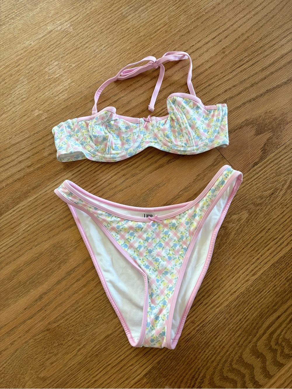 Frankie’s bikinis Pastel Floral Pink Trim Two-Piece Bikini